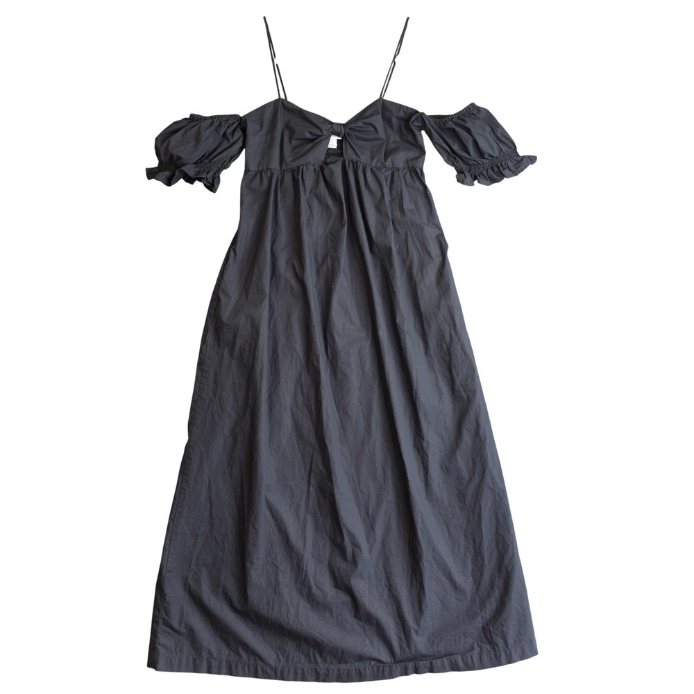 Minimalist Cotton Black Midi Dress S Off Shoulder Puff Sleeve‎ Tie Front Pockets